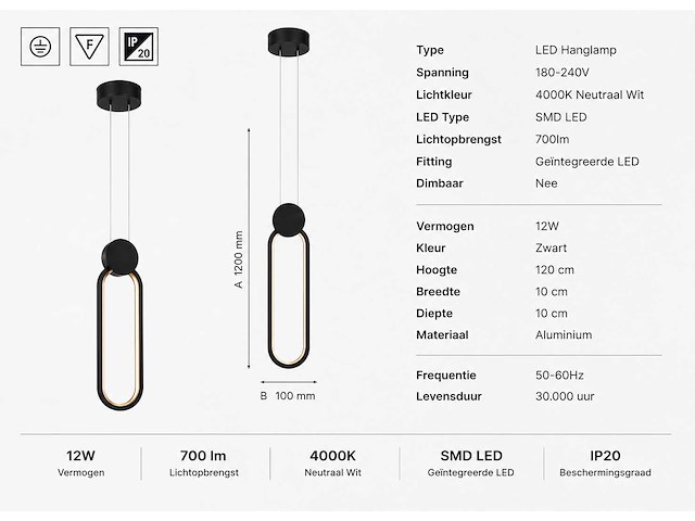 Led hanglamp 12w – 4000k neutraal wit - zwart – ip20 – always - afbeelding 4 van  5