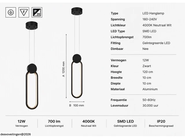 Led hanglamp 12w – 4000k neutraal wit - zwart – ip20 – always - afbeelding 5 van  6