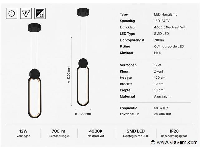 Led hanglamp 12w – 4000k neutraal wit - zwart – ip20 – always - afbeelding 4 van  5