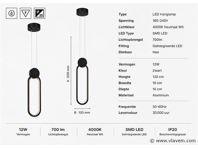 Led hanglamp 12w – 4000k neutraal wit - zwart – ip20 – always - afbeelding 4 van  5
