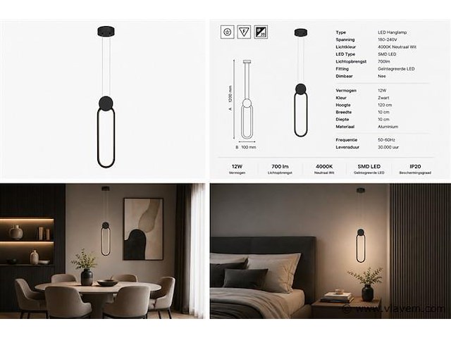 Led hanglamp 12w – 4000k neutraal wit - zwart – ip20 – always - afbeelding 5 van  5