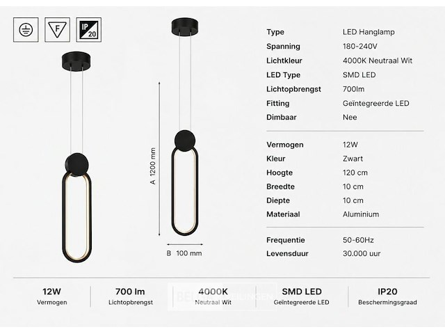 Led hanglamp 12w – 4000k neutraal wit - zwart – ip20 – always - afbeelding 5 van  6