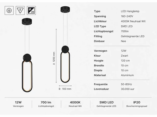 Led hanglamp 12w – 4000k neutraal wit - zwart – ip20 – always - afbeelding 4 van  5