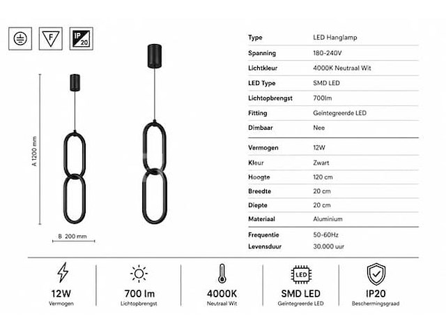 Led hanglamp 12w – 4000k neutraal wit - zwart – ip20 – santana - afbeelding 3 van  5