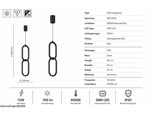 Led hanglamp 12w – 4000k neutraal wit - zwart – ip20 – santana - afbeelding 5 van  6