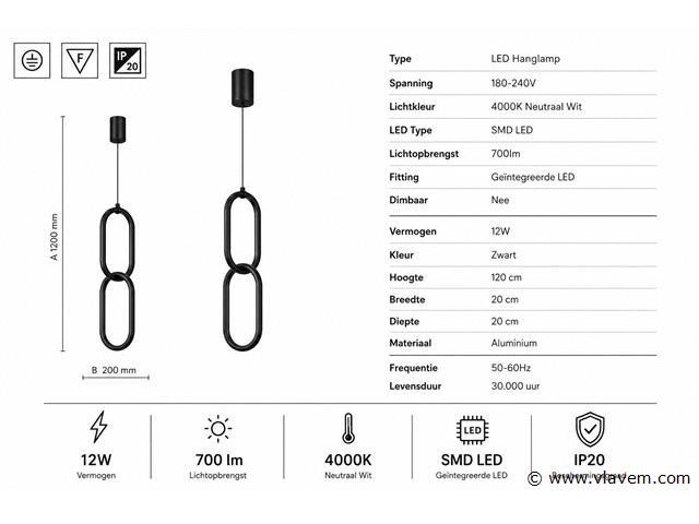 Led hanglamp 12w – 4000k neutraal wit - zwart – ip20 – santana - afbeelding 4 van  5