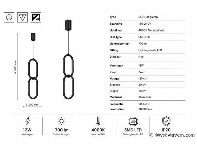 Led hanglamp 12w – 4000k neutraal wit - zwart – ip20 – santana - afbeelding 4 van  5