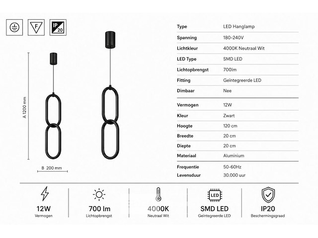Led hanglamp 12w – 4000k neutraal wit - zwart – ip20 – santana - afbeelding 5 van  6