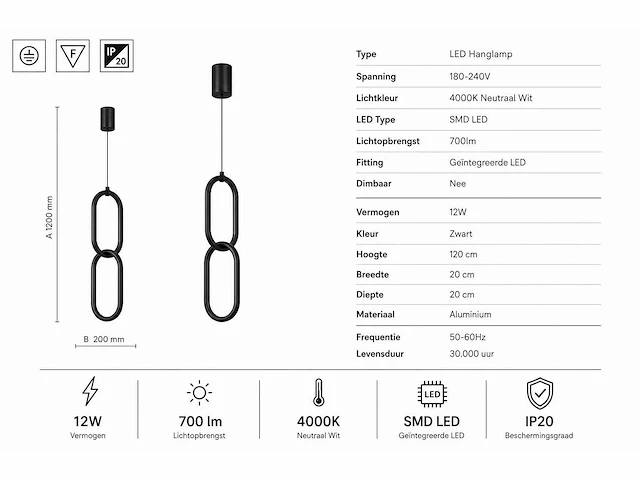 Led hanglamp 12w – 4000k neutraal wit - zwart – ip20 – santana - afbeelding 4 van  5