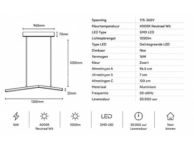 Led hanglamp 16w – 4000k neutraal wit - zwart – ip20 – edmond-16 - afbeelding 5 van  5