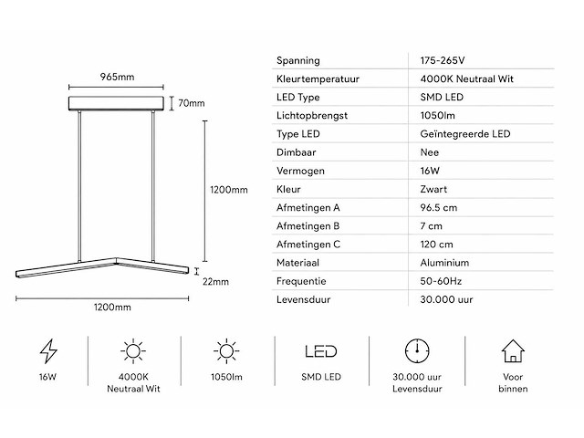 Led hanglamp 16w – 4000k neutraal wit - zwart – ip20 – edmond-16 - afbeelding 2 van  8