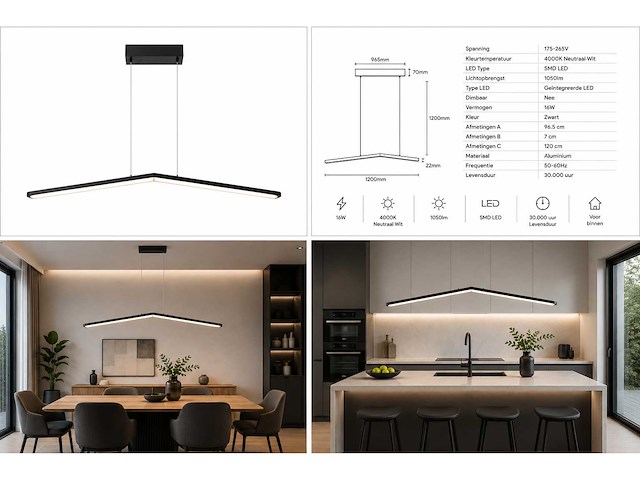 Led hanglamp 16w – 4000k neutraal wit - zwart – ip20 – edmond-16 - afbeelding 6 van  8
