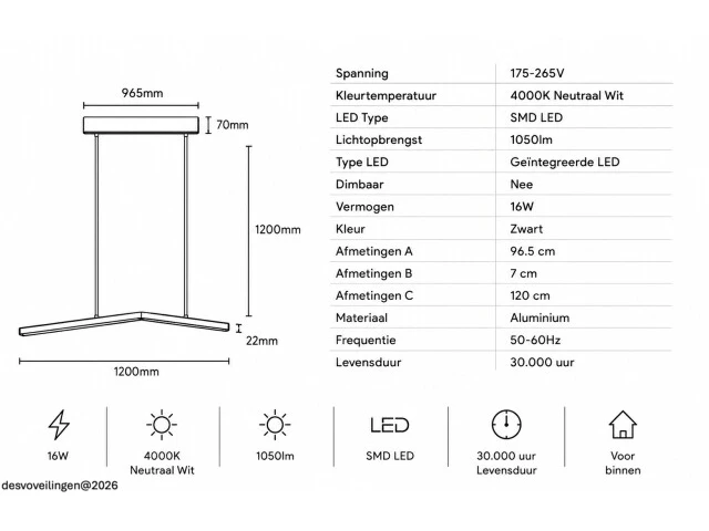 Led hanglamp 16w – 4000k neutraal wit - zwart – ip20 – edmond-16 - afbeelding 5 van  6