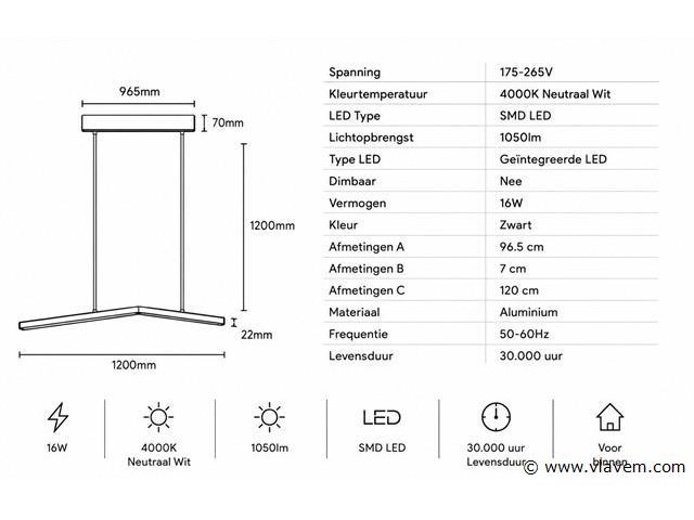 Led hanglamp 16w – 4000k neutraal wit - zwart – ip20 – edmond-16 - afbeelding 4 van  5