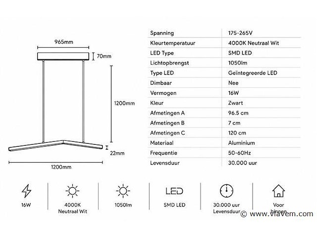 Led hanglamp 16w – 4000k neutraal wit - zwart – ip20 – edmond-16 - afbeelding 4 van  5
