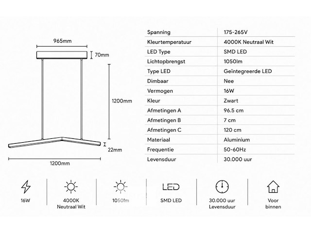 Led hanglamp 16w – 4000k neutraal wit - zwart – ip20 – edmond-16 - afbeelding 5 van  6