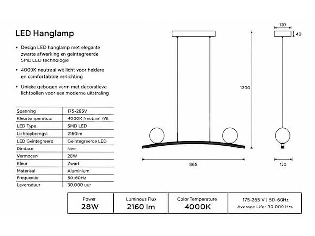 Led hanglamp 28w – 4000k neutraal wit - zwart – ip20 – invicta-28 - afbeelding 2 van  5