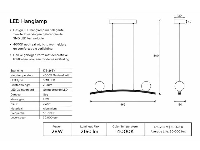 Led hanglamp 28w – 4000k neutraal wit - zwart – ip20 – invicta-28 - afbeelding 4 van  5