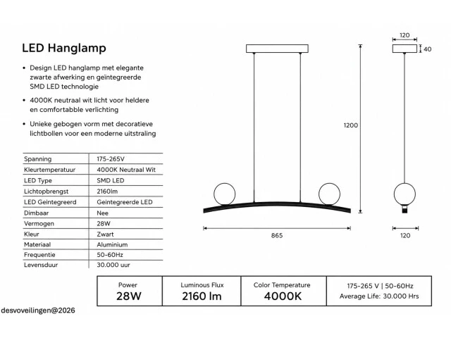 Led hanglamp 28w – 4000k neutraal wit - zwart – ip20 – invicta-28 - afbeelding 5 van  6