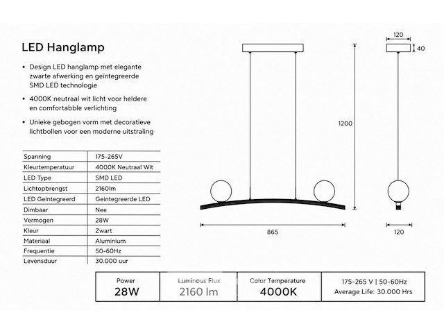 Led hanglamp 28w – 4000k neutraal wit - zwart – ip20 – invicta-28 - afbeelding 5 van  6