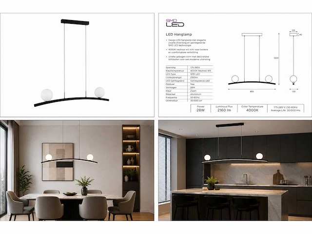 Led hanglamp 28w – 4000k neutraal wit - zwart – ip20 – invicta-28 - afbeelding 5 van  5