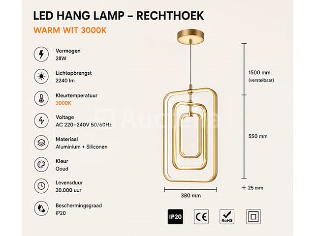Led hanglamp – 45w – goud – in hoogte verstelbaar – 5835/3 - afbeelding 1 van  4