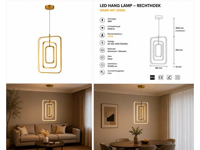 Led hanglamp – 45w – goud – in hoogte verstelbaar – 5835/3 - afbeelding 2 van  4