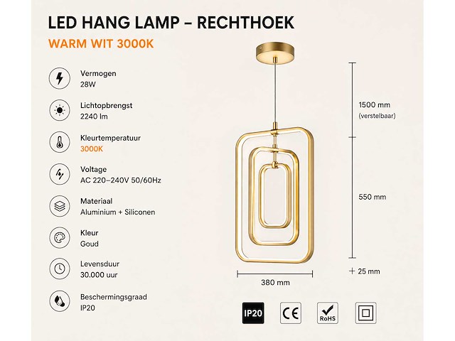 Led hanglamp – 45w – goud – in hoogte verstelbaar – 5835/3 - afbeelding 2 van  3