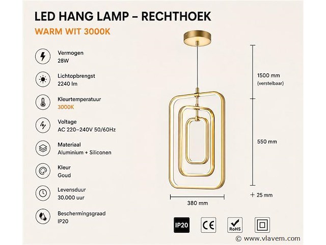 Led hanglamp – 45w – goud – in hoogte verstelbaar – 5835/3 - afbeelding 3 van  4