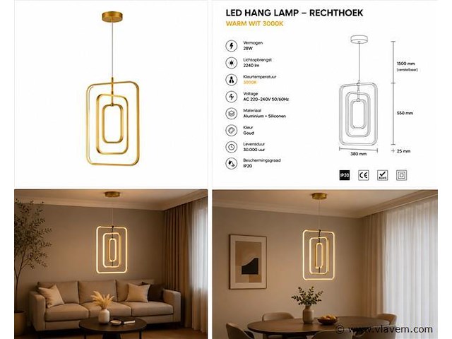 Led hanglamp – 45w – goud – in hoogte verstelbaar – 5835/3 - afbeelding 4 van  4