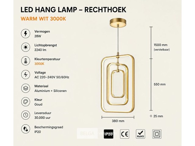 Led hanglamp – 45w – goud – in hoogte verstelbaar – 5835/3 - afbeelding 4 van  5