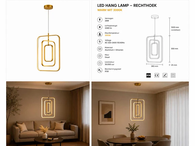 Led hanglamp – 45w – goud – in hoogte verstelbaar – 5835/3 - afbeelding 4 van  4