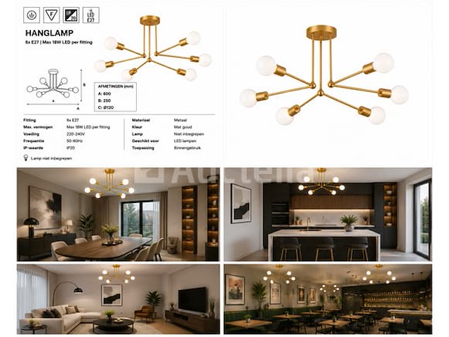 Led hanglamp max 18w – 6x e27 – goud – 600x250mm – ip20 – lorenzo-6 - afbeelding 3 van  5