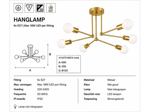 Led hanglamp max 18w – 6x e27 – goud – 600x250mm – ip20 – lorenzo-6 - afbeelding 5 van  5