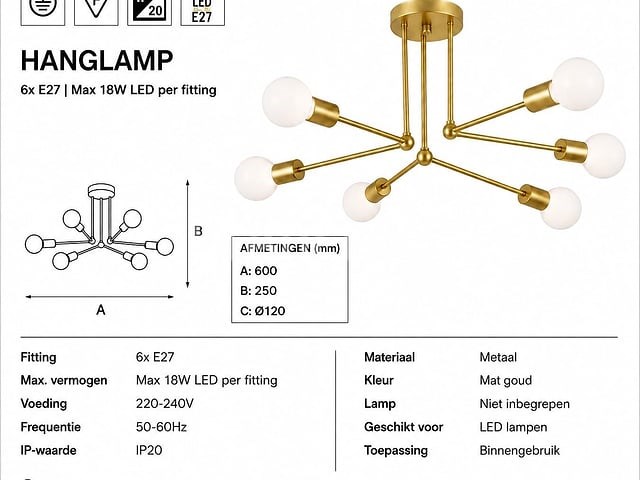 Led hanglamp max 18w – 6x e27 – goud – 600x250mm – ip20 – lorenzo-6 - afbeelding 4 van  5