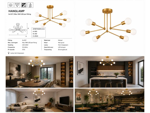 Led hanglamp max 18w – 6x e27 – goud – 600x250mm – ip20 – lorenzo-6 - afbeelding 3 van  3