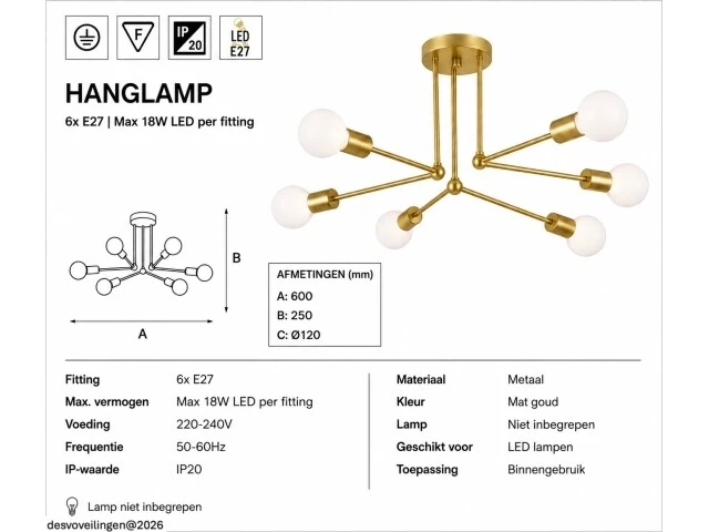 Led hanglamp max 18w – 6x e27 – goud – 600x250mm – ip20 – lorenzo-6 - afbeelding 5 van  6