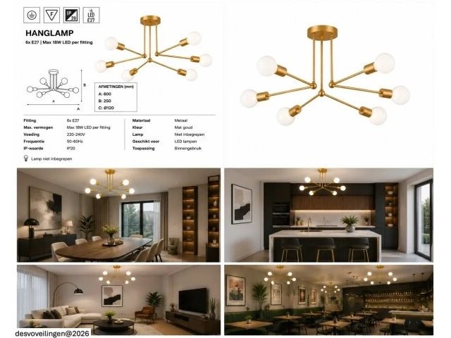 Led hanglamp max 18w – 6x e27 – goud – 600x250mm – ip20 – lorenzo-6 - afbeelding 6 van  6