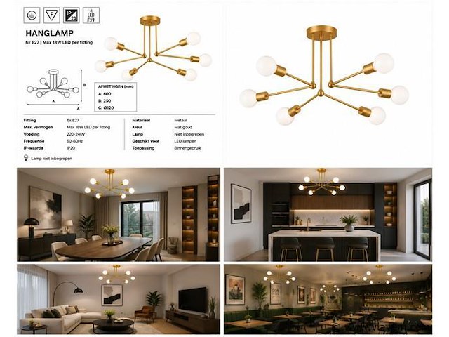 Led hanglamp max 18w – 6x e27 – goud – 600x250mm – ip20 – lorenzo-6 - afbeelding 5 van  5