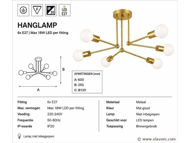 Led hanglamp max 18w – 6x e27 – goud – 600x250mm – ip20 – lorenzo-6 - afbeelding 4 van  5