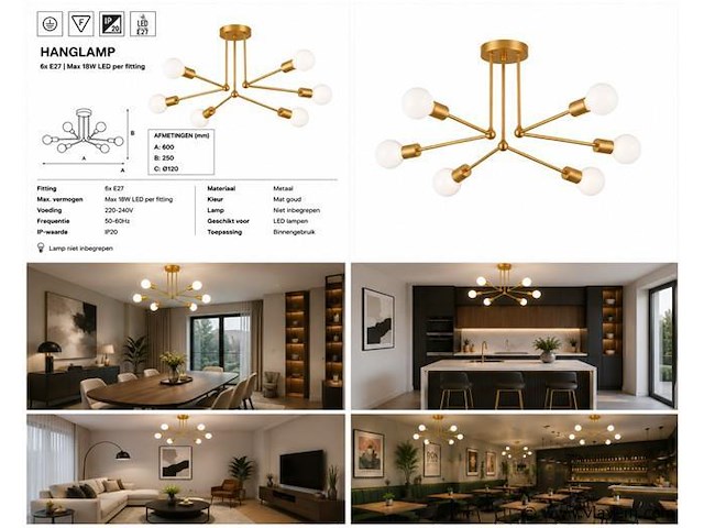 Led hanglamp max 18w – 6x e27 – goud – 600x250mm – ip20 – lorenzo-6 - afbeelding 5 van  5