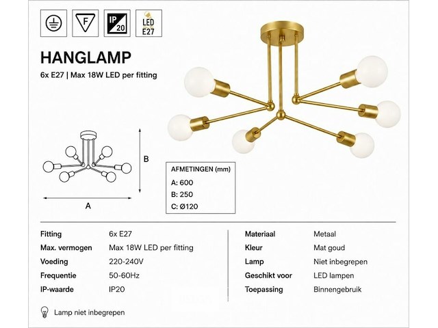 Led hanglamp max 18w – 6x e27 – goud – 600x250mm – ip20 – lorenzo-6 - afbeelding 5 van  6