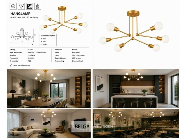 Led hanglamp max 18w – 6x e27 – goud – 600x250mm – ip20 – lorenzo-6 - afbeelding 6 van  6