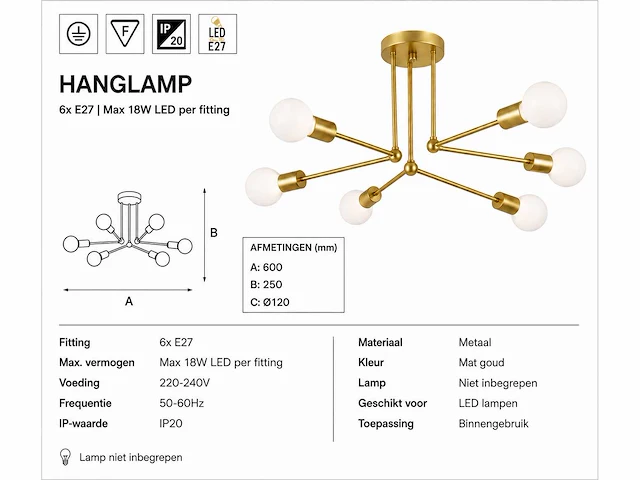 Led hanglamp max 18w – 6x e27 – goud – 600x250mm – ip20 – lorenzo-6 - afbeelding 4 van  5