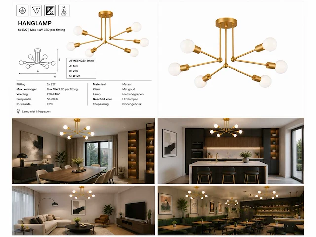 Led hanglamp max 18w – 6x e27 – goud – 600x250mm – ip20 – lorenzo-6 - afbeelding 5 van  5