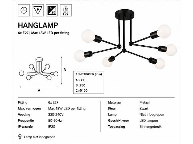 Led hanglamp max 18w – 6x e27 – zwart – 600x250mm – ip20 – lorenzo-6 - afbeelding 5 van  5