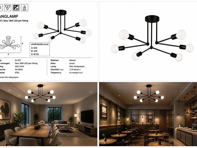 Led hanglamp max 18w – 6x e27 – zwart – 600x250mm – ip20 – lorenzo-6 - afbeelding 1 van  5