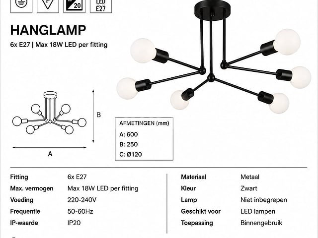 Led hanglamp max 18w – 6x e27 – zwart – 600x250mm – ip20 – lorenzo-6 - afbeelding 5 van  5
