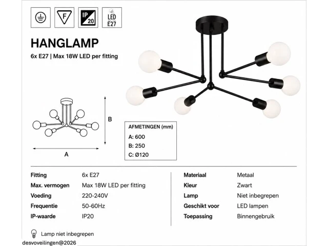 Led hanglamp max 18w – 6x e27 – zwart – 600x250mm – ip20 – lorenzo-6 - afbeelding 5 van  6