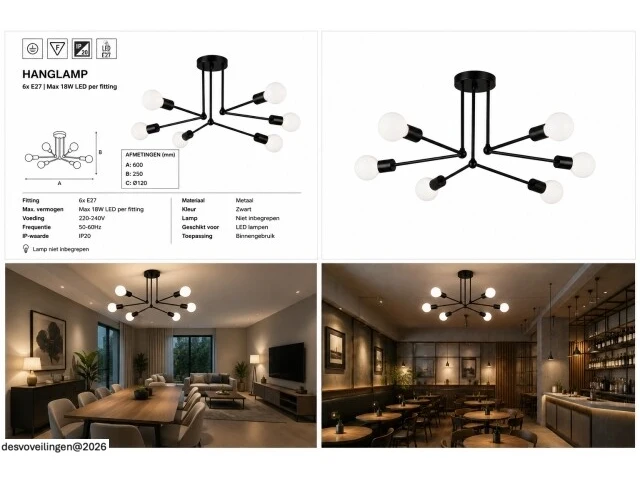 Led hanglamp max 18w – 6x e27 – zwart – 600x250mm – ip20 – lorenzo-6 - afbeelding 6 van  6